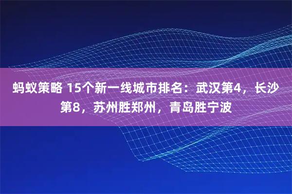 蚂蚁策略 15个新一线城市排名:武汉第4,长沙第8,苏州胜郑州,青岛胜宁波